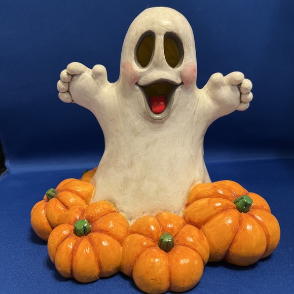 Juta Other - Vtg '89 Juta Chalkware Halloween Happy Ghost Pumpkins Candle Cover Figurine 7x8"